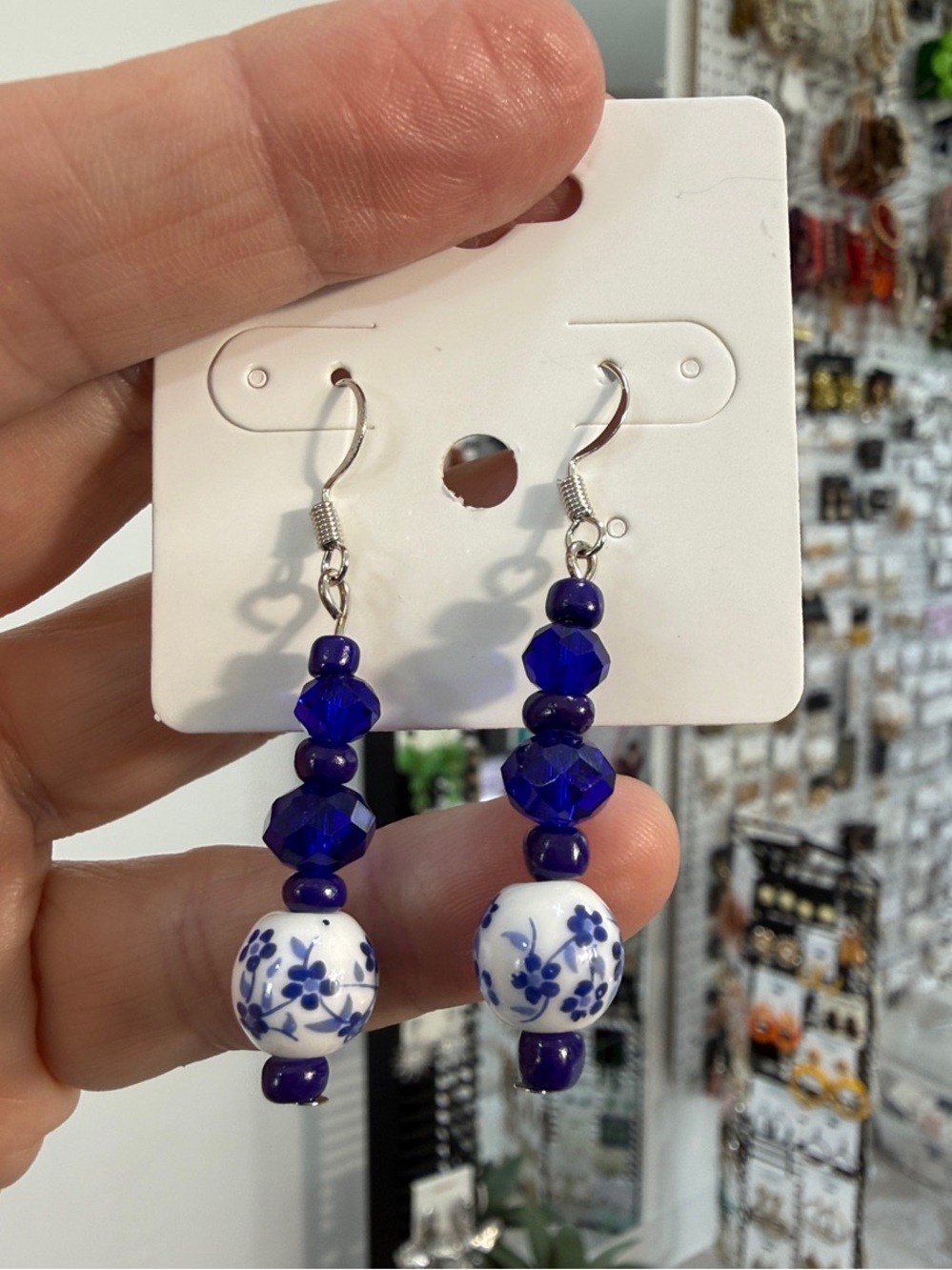 Blue Floral Ceramic Bead Drop Earrings lightweight hook *BRAND NEW*